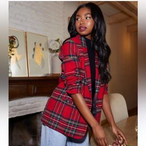 English Factory Red Plaid Blazer Wool Blend